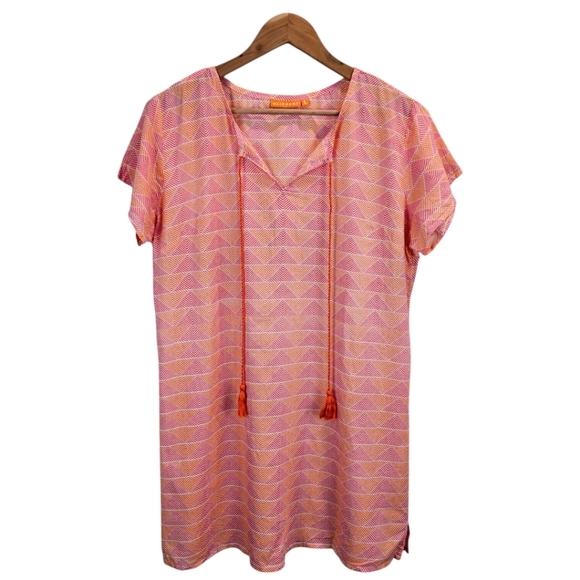 Oliphant Cotton Geometric Chevron Print Tunic Top Large Orange Pink Lightweight - Picture 2 of 14
